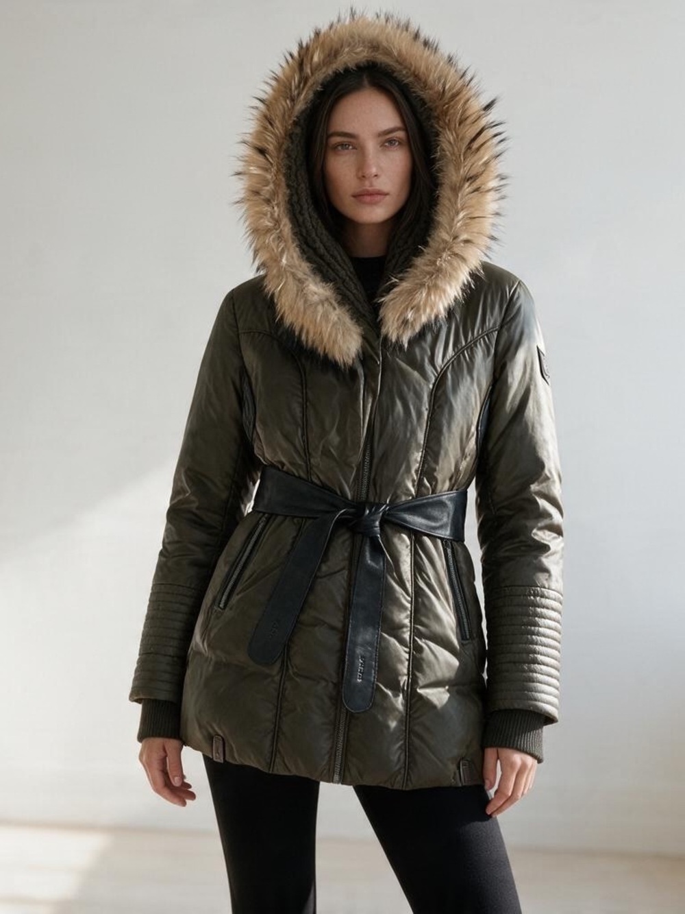 Rudsak Women's Olive Faux-Fur Hooded Down Coat with leather trim and Belt